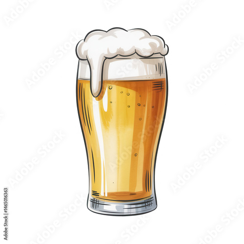 A cartoon illustration of a full glass of beer with white foam overflowing on a black background