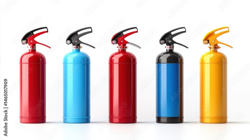 Obraz premium Colorful Fire Extinguishers in Different Colors for Safety and Emergency Preparedness