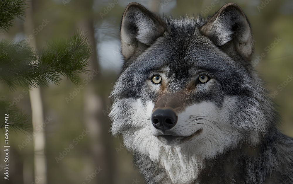 Fototapeta premium Majestic Gray Wolf Portrait in Forest Setting