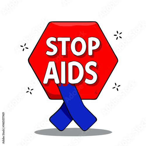 Stop AIDS awareness sign with red hexagon and blue ribbon on a simple background