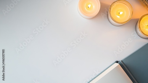 A nice, simple picture of a work desk. You see a book and candles on a white desk from above. There's space to add your own text or design.
