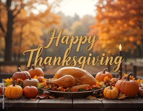 Happy Thanksgiving Decor with Roasted Turkey and Pumpkins