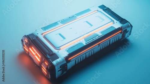 Futuristic energy cell, sleek design with glowing orange accents