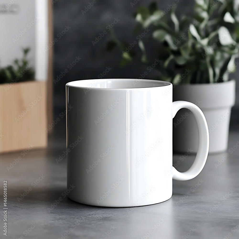 Obraz premium Isolated White Ceramic Mug Closeup with Plant Pot Indoor Minimalist Style