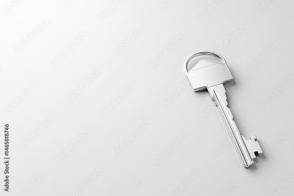 Single metallic key on a plain white surface Single metallic key on a plain white surface