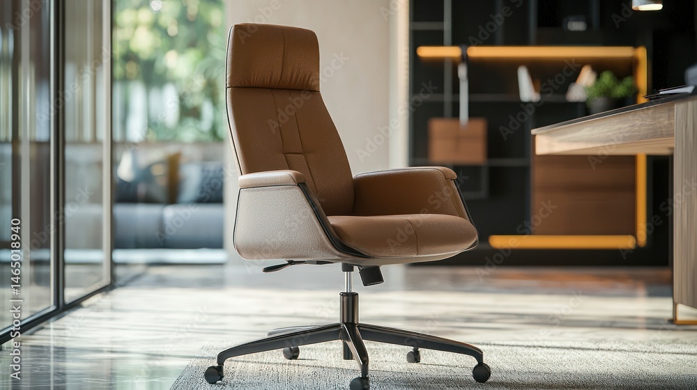 Fototapeta premium A sturdy office chair with armrests and cushioned padding, suitable for corporate environments.