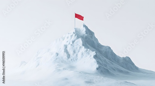 Snowy peak surmounted by a red flag. photo
