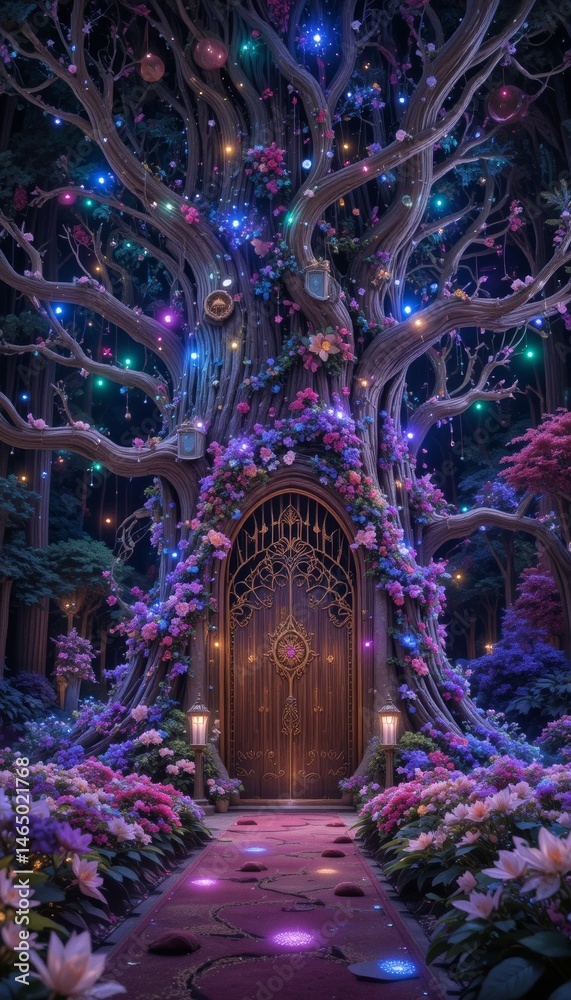Obraz premium Enchanted Treehouse Doorway at Night