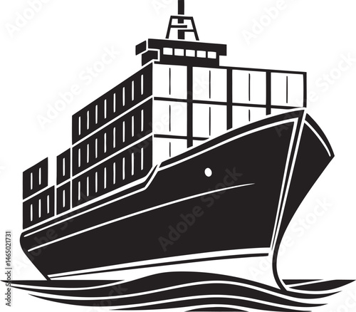 Black Silhouette Vector Illustration of a Container Cargo Ship ? Maritime Transport Icon for Global Shipping and Logistics