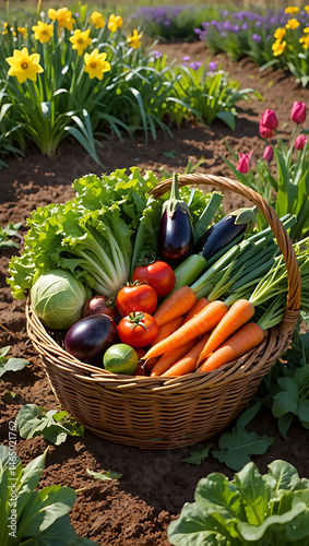 Harvest Bounty: Fresh Organic Vegetables in a Woven Basket on a Lush Garden Lawn