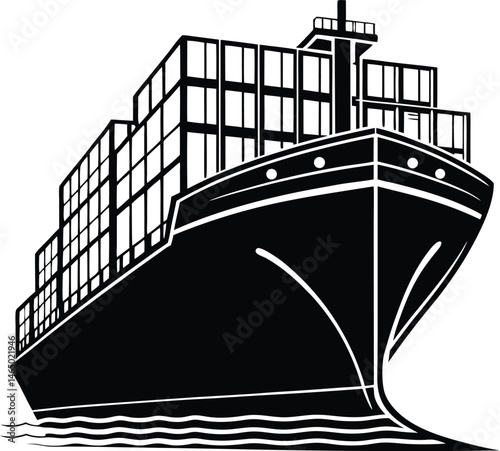 Black Silhouette Vector Illustration of a Container Cargo Ship ? Maritime Transport Icon for Global Shipping and Logistics