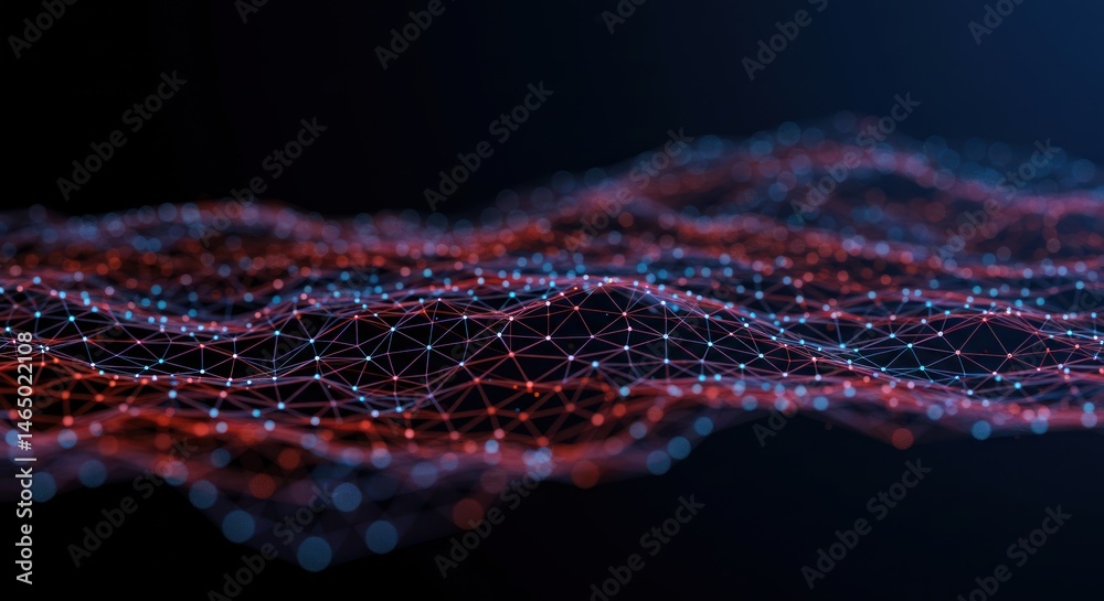 Abstract network of connected dots and lines, red and blue, on dark background. Abstract network of connected dots and lines, red and blue, on dark background.