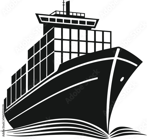 Black Silhouette Vector Illustration of a Container Cargo Ship ? Maritime Transport Icon for Global Shipping and Logistics