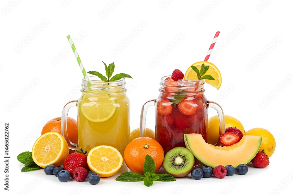 Nutritious Red and Yellow Fruit Beverages with fresh fruits on White Background Nutritious Red and Yellow Fruit Beverages with fresh fruits on White Background