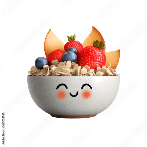Happy bowl of healthy breakfast cereal with fruit: strawberries, blueberries, and cantaloupe slices
