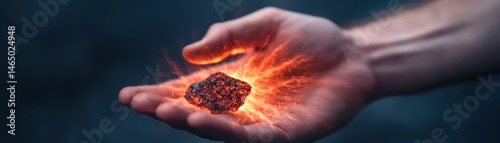 Hand holds glowing meteorite fragment, radiating energy in dramatic close up