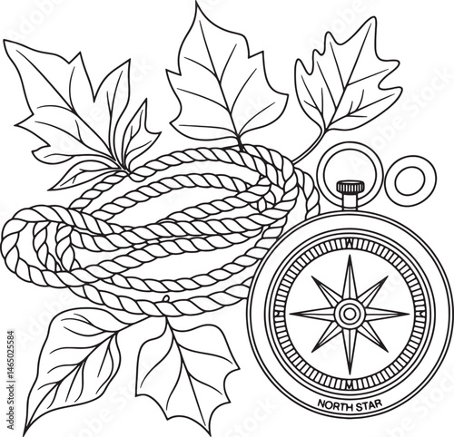Anchor rope autumn leaf and Vintage Compass line art design background