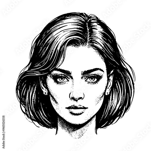 Woman hairstyle sketch engraving black and white outline. Scratch board imitation.