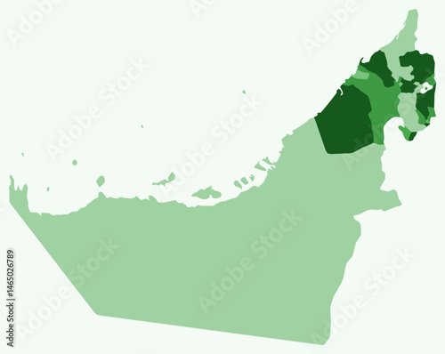 Map of United Arab Emirates with regions. Just a simple country border map with region division. Green color palette. Flat United Arab Emirates shape with administrative division. Vector illustration.