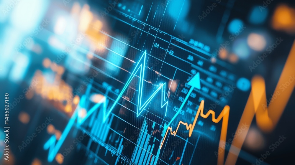 Fototapeta premium Financial market trends displayed on a digital screen with rising graphs and data points showcasing investment activities