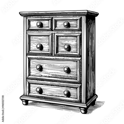 Wooden dresser sketch engraving black and white outline. Scratch board imitation.  illustrated in vintage line art style on a white background.
