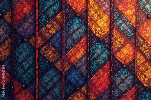 Geometric tapestry pattern, bold lines, abstract shapes, style, repeat, circles