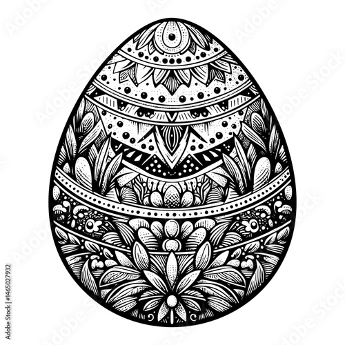 Easter egg sketch engraving black and white outline. Scratch board imitation.  illustrated in vintage line art style on a white background.
