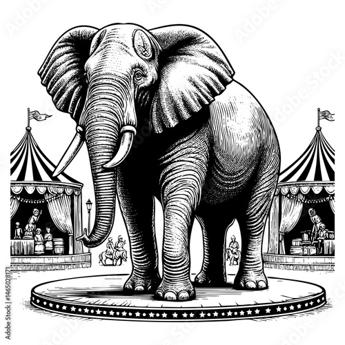 Elephant standing on circus stage engraving black and white outline. Scratch board imitation. illustrated in vintage line art style on a white background.