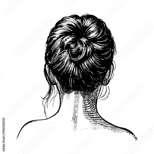 Woman hairstyle sketch engraving black and white outline. Scratch board imitation.
