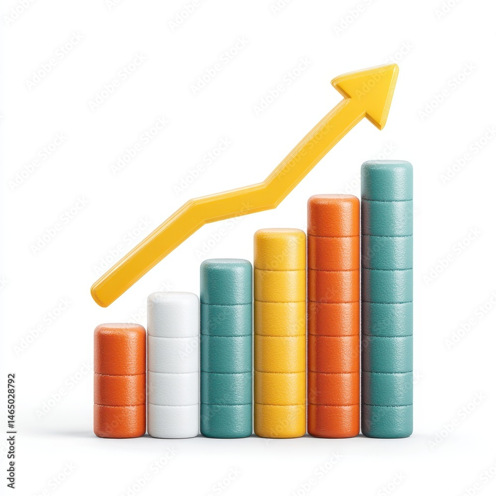 Fototapeta premium Colorful 3D bar graph with upward trending arrow, illustrating growth and progress. Pastel tones and textured bars.