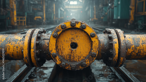 Industrial pipe connection with rusty yellow flanges in abandoned factory, manufacturing equipment concept for infrastructure and engineering