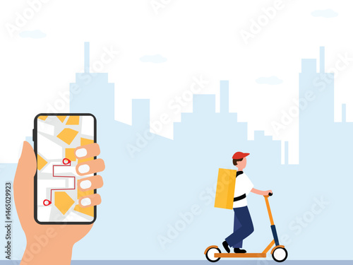 Delivery man service Courier riding a electric scooter with location tracking app on big smartphone vector  illustration