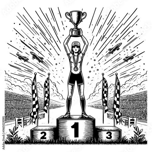 Man winning on podium sketch engraving black and white outline. Scratch board imitation.