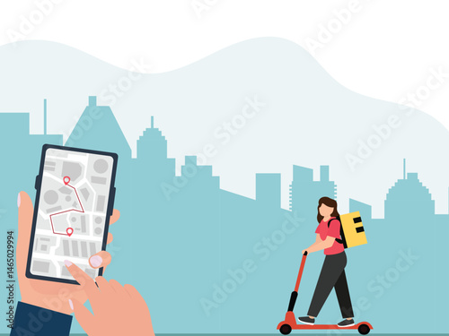 Delivery woman service Courier riding a electric scooter with location tracking app on big smartphone vector  illustration