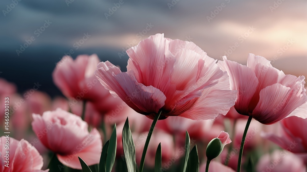 Beautiful Pink Flowers Blossoming in a Vibrant Field During a Dramatic Sunset