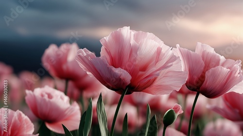 Beautiful Pink Flowers Blossoming in a Vibrant Field During a Dramatic Sunset