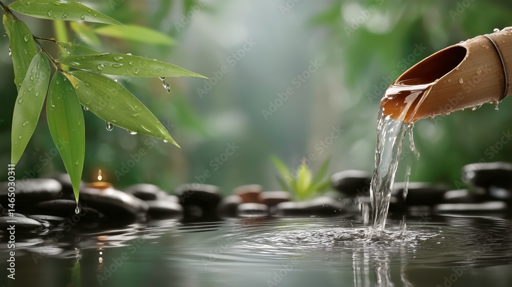 Gentle Water Cascading From Bamboo Spout Into Tranquil Pond Surrounded by Lush Greenery
