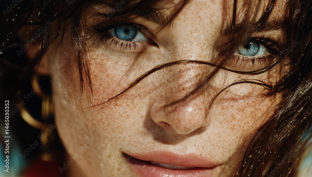 Close-up View of a Woman With Striking Blue Eyes and Freckles Outdoors in Natural Light