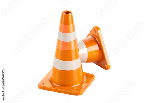 Orange 3d traffic cone with white stripes isolated on white background PNG