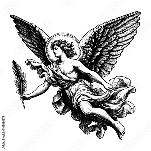 flying angel engraving black and white outline. Scratch board imitation.