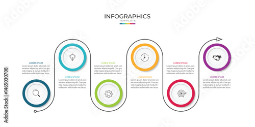 Business infographic thin line process with circle template design with icons and 6 options or steps.