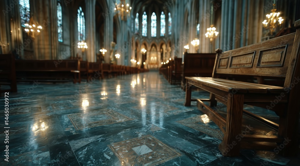 A Beautiful Church Interior Showcases Polished Marble Floors Reflecting Ambient Light