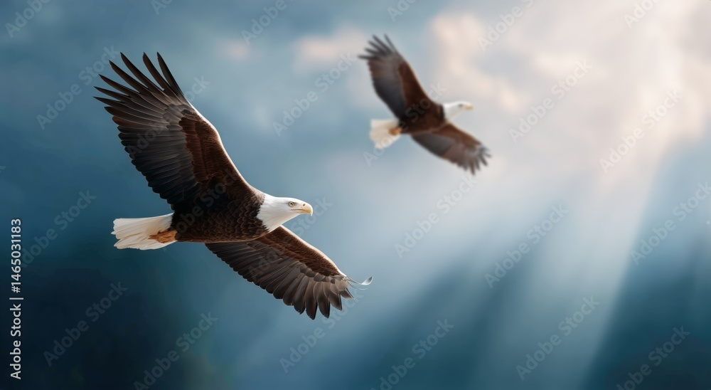 Obraz premium Two Bald Eagles Soar Gracefully in the Sky Against a Backdrop of Sunlight and Clouds