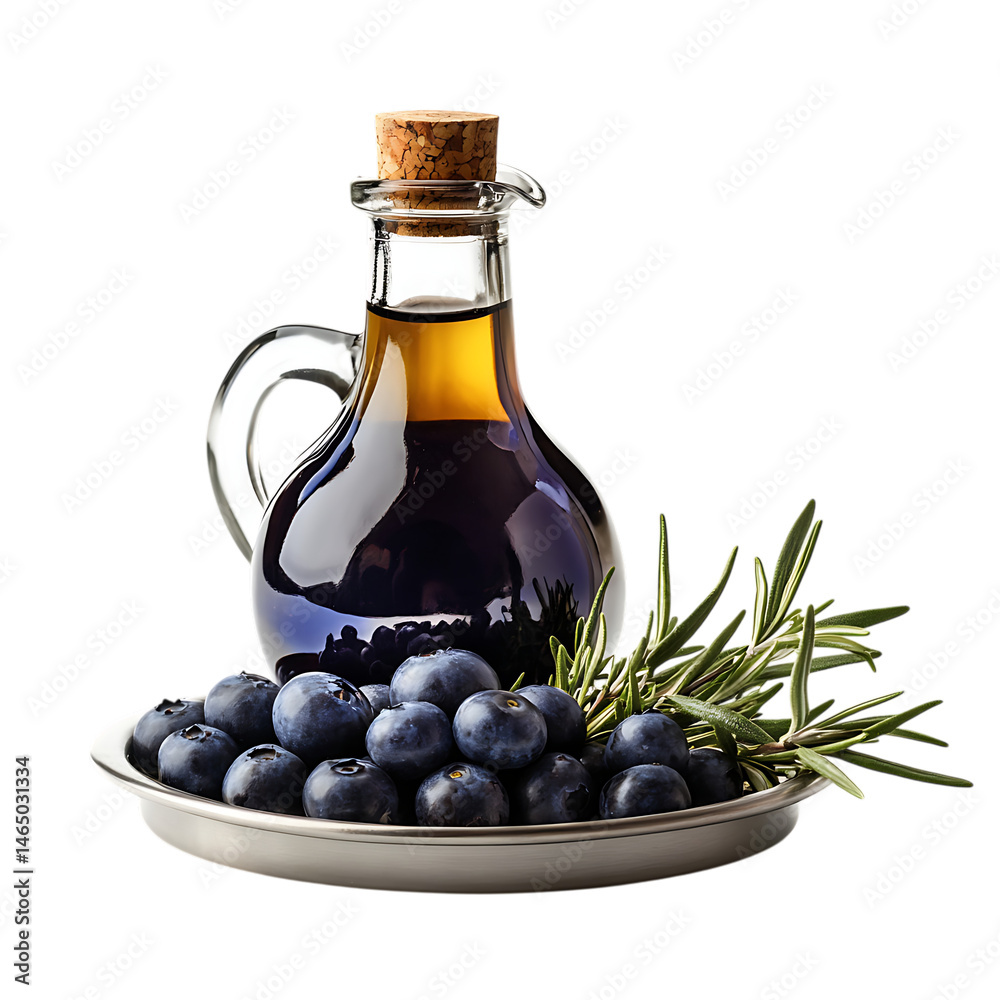 Bottle and Plate of Blueberries Isolated on Transparent Background