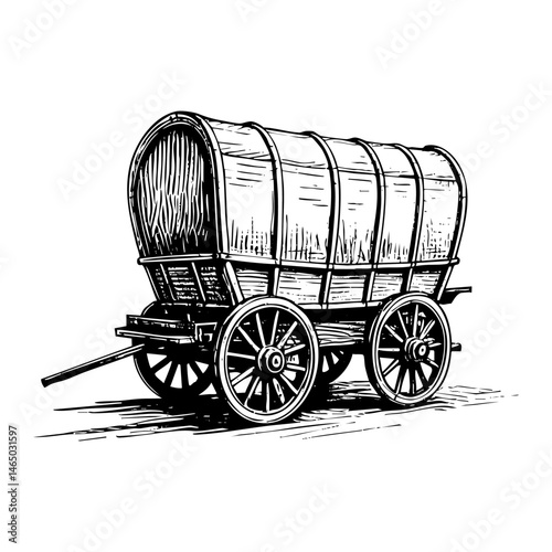 Classic wagon sketch engraving black and white outline. Scratch board imitation.