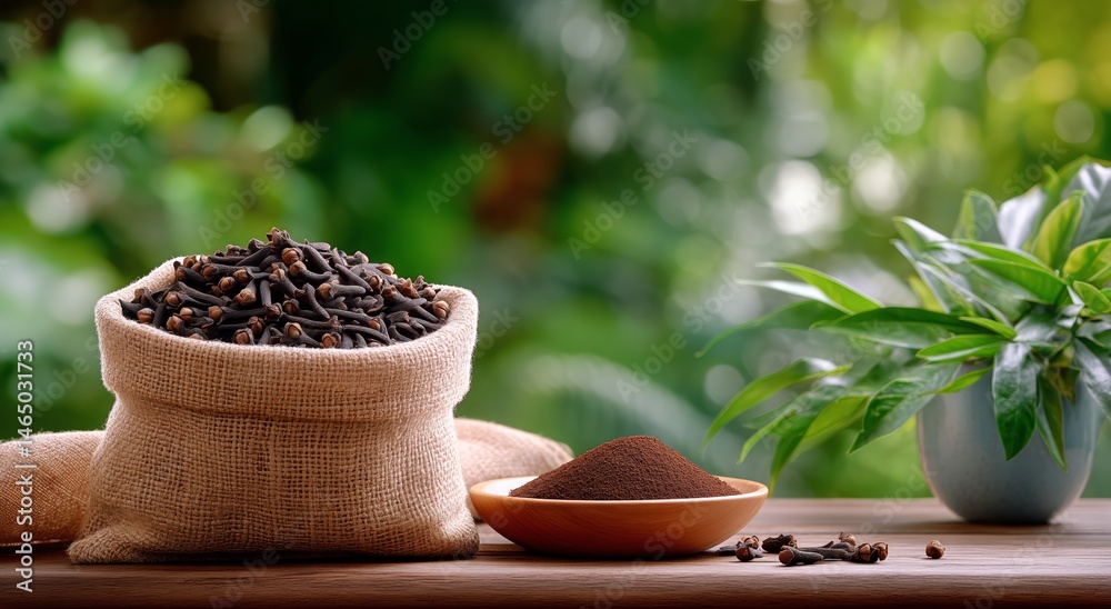Cloves in Burlap Sack on Wooden Table Surrounded by Green Foliage in a Serene Garden