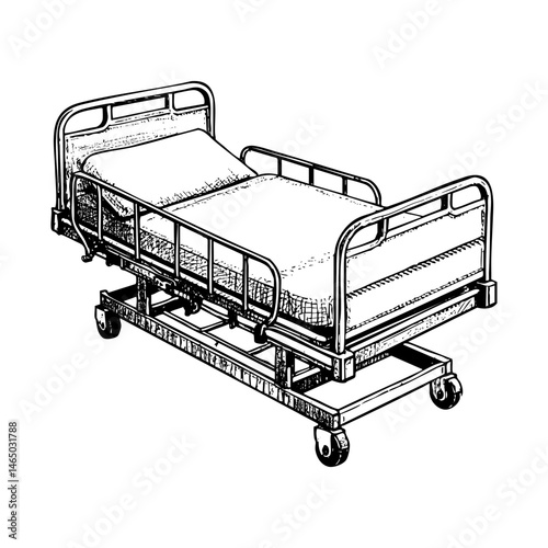 Hospital bed sketch engraving black and white outline. Scratch board imitation.  illustrated in vintage line art style on a white background.