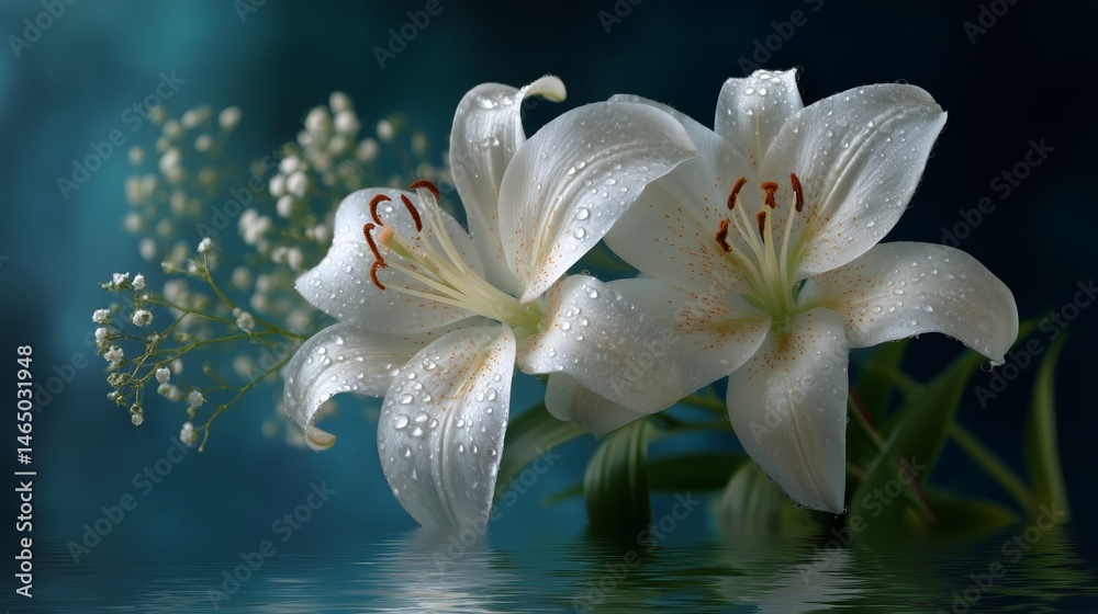 Delicate White Lilies in Soft Focus With Water Droplets Against a Blurred Background