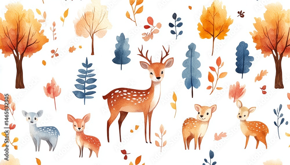 Cute watercolor deer and autumn leaves pattern.