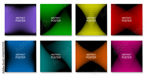 Set of abstract square posters. Black backgrounds with green, blue, yellow, red, orange, teal and pink fading transition. Gradient pattern with cone shapes	
